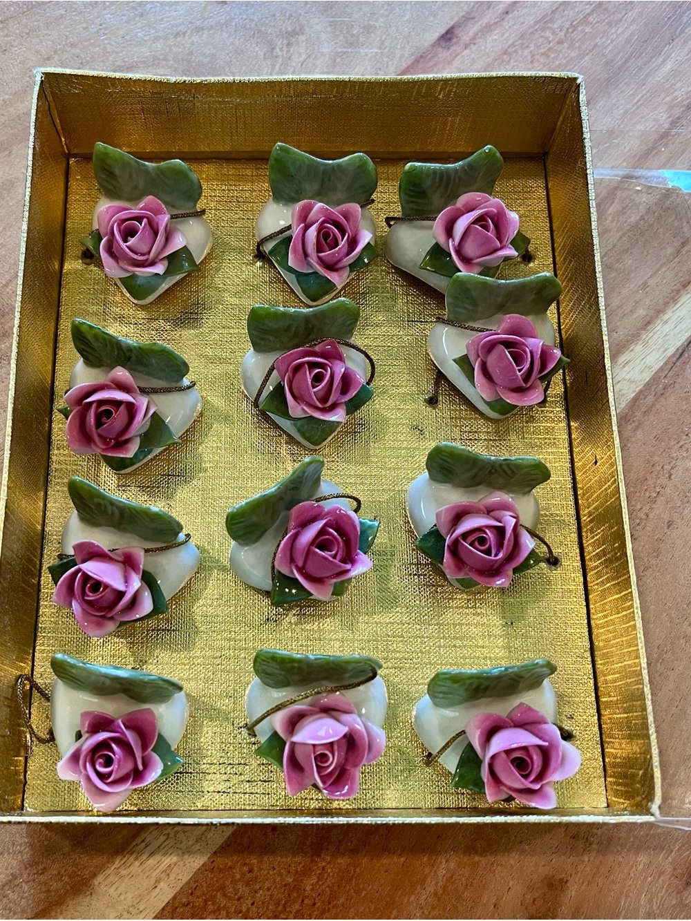Vintage Dresden Porcelain Pink Rose Place Card Holders